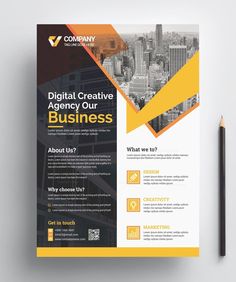 a yellow and black business brochure with a pencil on the table next to it