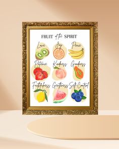 the fruit of the spirit is displayed in a gold frame