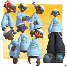 a group of cartoon characters in blue shirts