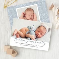 a birth announcement with a photo of a baby and a teddy bear next to it