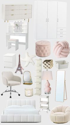 a collage of white furniture and accessories including a bed, chair, desk, mirror, dresser