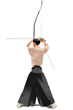 the man is practicing his archery skills with one hand and two arrows in each other's back