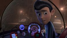 the animated character is looking at something in front of his face and holding a steering wheel