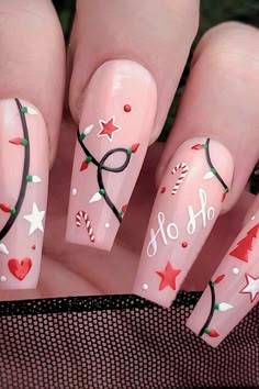 Long Coffin Nude Christmas Star Press on Nails Design Xmas Nails, Christmas Nail Designs, Christmas Nail, Christmas Nail Art, Nail Arts, Artificial Nails, Nail Accessories, Candy Canes, Holiday Nails