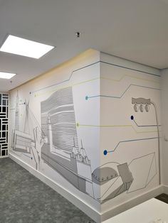 an office with a large mural on the wall