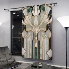 an art deco wall hanging in a living room