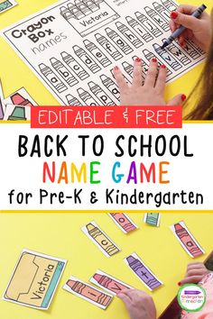 the back to school name game for pre - k and kindergarten is shown