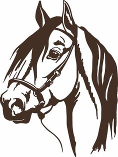 a black and white drawing of a horse's head with the bridle down