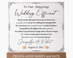 a wooden plaque with an inscription on it that says, to our amazing wedding officiat