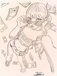 a drawing of a girl with glasses and money around her neck