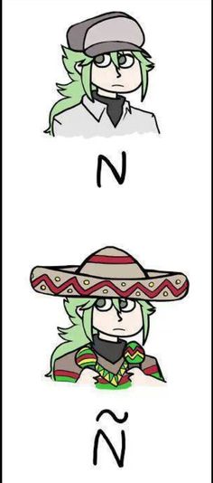 two cartoon characters with the letter n and one wearing a sombrero, while another has