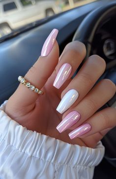 White And Pastel Pink Nails, Pastel And White Nails, Pink Graduation Nails Ideas, White Or Light Pink Nails, Pearl And Pink Nails, Pastel Pink And White Nails, Light Pink Nail Ideas With Design, Light Pink Square Nails With Design, Pink White Nails Design