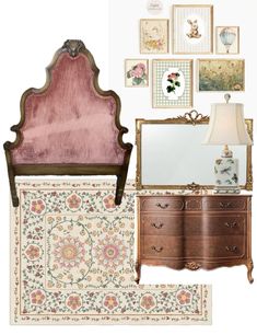 a pink bed sitting next to a dresser and mirror with pictures on the wall above it