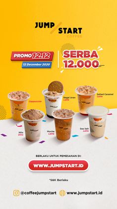 an advertisement for jumbo start coffee with different types of ice creams in cups