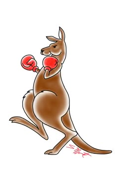 a drawing of a kangaroo with boxing gloves in its mouth and one foot on the ground