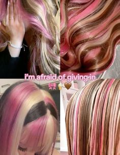 Dyed Hair Chunky Highlights, Hair Color Ideas Chunky Highlights, Hot Pink Hair Dye Ideas, Chunky Highlights Colorful, Dyed Highlights Color, Hair Dye Inspo Highlights, Back Dyed Hair, Black Blonde Pink Hair, Neopolitan Hair Highlights Curly