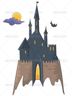 a castle with bats flying around it