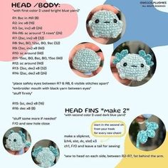 the instructions for how to crochet a stuffed animal with head and tail in blue