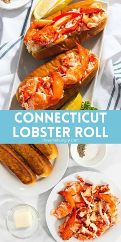 lobsters are served on bread with lemon wedges and parmesan cheese for dipping