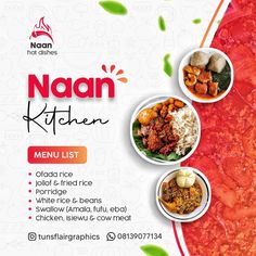 the menu for naan kitchen is shown in red and orange colors with green leaves