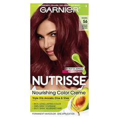 Garnier Nutrisse Ultra Creme Nourishing Permanent Color nourishes as it colors for 2x shinier, silkier and nourished hair vs. uncolored, unwashed hair. Garnier Nutrisse comes with a fruit oil ampoule that you pour directly into the mix. Our nourishing after color conditioner is infused with five responsibly-sourced oils-- avocado, olive, coconut, argan and shea. The ColorBoost technology efficiently infuses intense dyes into the hair fiber for richer, radiant, and long-lasting color with 100 Medium Reddish Brown, Garnier Hair Color, Color Packaging, Color Conditioner, Dyed Red Hair, Winter Hair Color, Ash Brown, Hair Coloring, Permanent Hair Color