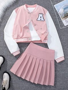 Long Sleeve Patchwork Sets For Spring, Pink Patchwork Long Sleeve Sets, Pink Long Sleeve Patchwork Sets, School Uniform Sets With Long Sleeves, Cute Patchwork Sets For Spring, Cotton School Uniform Sets, Cute Spring Sets With Patchwork, Cute Spring Patchwork Sets, White Long Sleeve Patchwork Sets