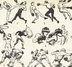 an old black and white drawing of men playing different sports games, from the early 1900's