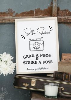 Image of a framed "Selfie Station" Sign surrounded by vintage and boho props. Wedding Selfie Station, Diy Wedding Photo Booth, Wedding Selfie, Fun Lettering, Wedding Reception Themes, Wedding Games For Guests, Wedding Photo Booth Props