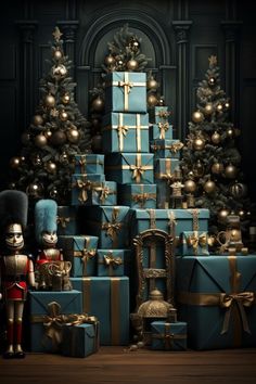 christmas presents are stacked up in front of a tree with gold and blue ornaments on it