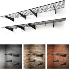 three shelves are shown in different colors and sizes, with one shelf attached to the wall