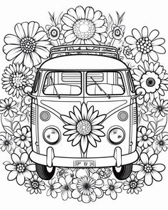 the vw bus is surrounded by flowers and daisies