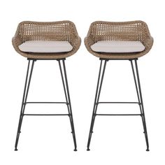 two wicker barstools with white cushions and black metal legs, side by side