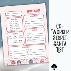 a pink and red printable workbook with the words secret santa written on it