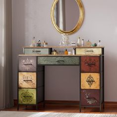 a vanity with drawers and a mirror on the wall next to a rug in front of it