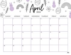 a calendar with the word april in black and white, surrounded by cute bunny ears