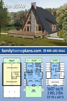 the floor plan for this small cabin home is very large and has two levels to walk out