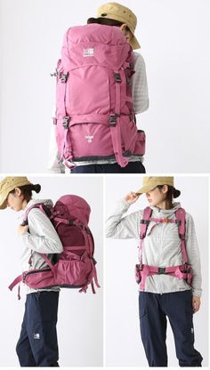 the back view of a woman wearing a pink backpack and hat, with three different views of it