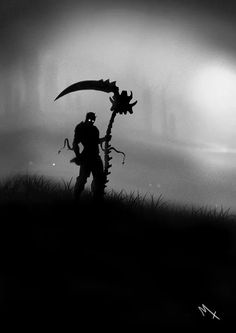 the silhouette of a man holding an ax in front of a foggy sky and grass