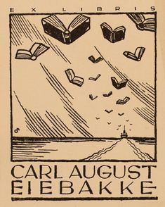 an old book with some flying books in the air and words that read, carlaugust eiebakke