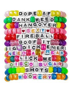 "Party Hard" 12pc Pre-Made Kandi Bracelets – Rave Wonderland Rave Candy Bracelets Ideas, Kandi Sayings, Kandi Phrases, Rave Bracelet, Kandi Bracelets Rave, Scene Bracelets, Rave Candy, Rave Wonderland, Rave Bracelets