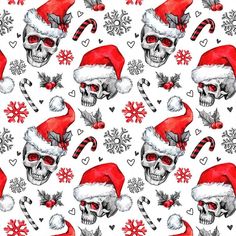 a skull wearing a santa claus hat with candy canes and snowflakes in the background