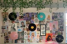 a room with various records and pictures on the wall next to a plant hanging from the ceiling