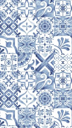 a blue and white tile pattern with an abstract design on the bottom half of it