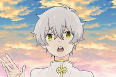 an anime character with white hair and green eyes is standing in front of the sky