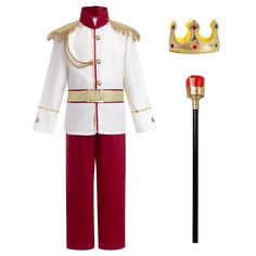 a red and white uniform with a gold crown on it, next to a cane