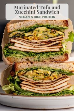 two sandwiches stacked on top of each other with the words marinated tofu and zucchini sandwich vegan & high protein