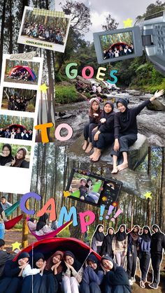 the collage shows people posing for pictures in front of a river and trees with colorful letters