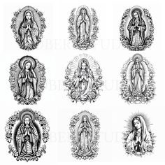 an image of the virgin marys in different styles and sizes, with ornate border around them