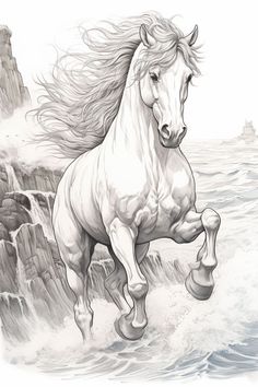 a drawing of a white horse running in the water with its hair blowing in the wind