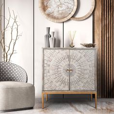 a living room with two circular mirrors on the wall and a white chair in front of it